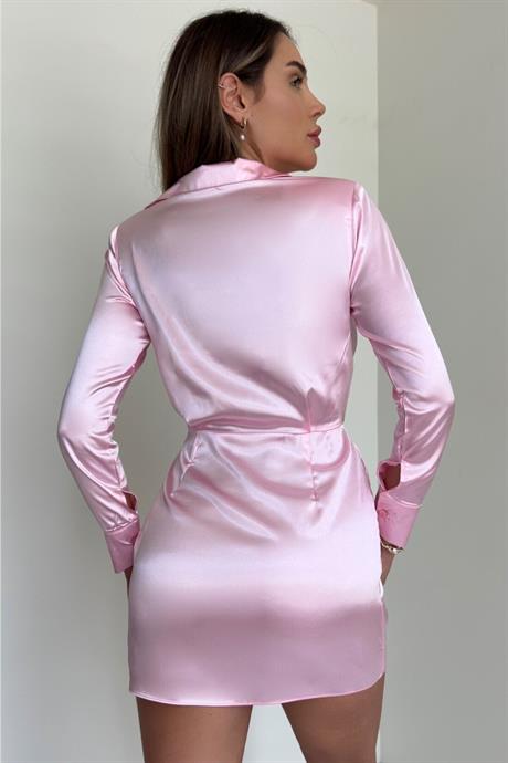 Pembe Saten Vatkalı Gömlek Elbise