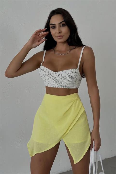 Sarı Keten Drape Detaylı Yüksek Bel Slim Günlük Fermuarlı Şık Trend Yazlık Mini Şort Etek