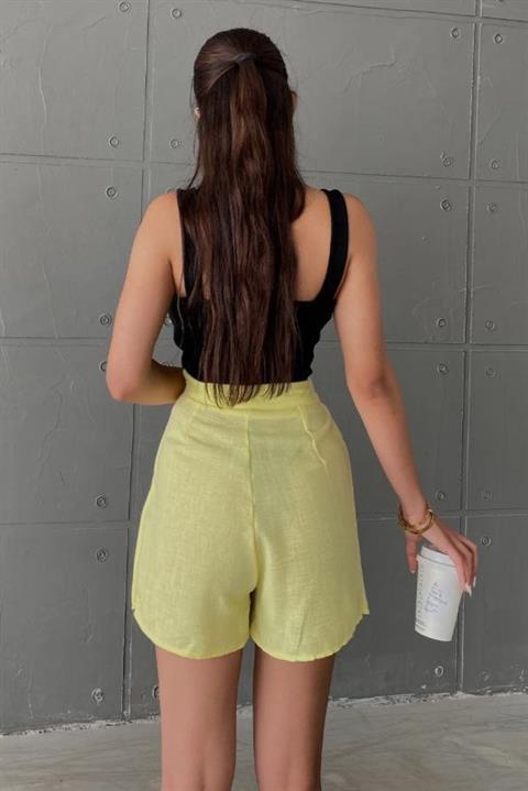 Sarı Keten Pileli Detaylı Yüksek Bel Slim Günlük Fermuarlı Şık Trend Yazlık Mini Şort Etek