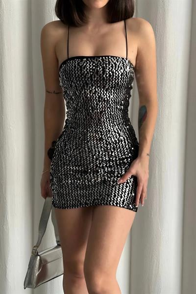 Askılı Pullu Gece Parti Davet Şık Trend Mini Elbise