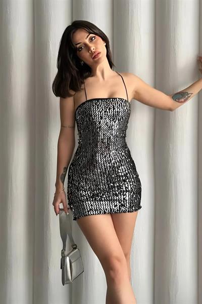 Askılı Pullu Gece Parti Davet Şık Trend Mini Elbise