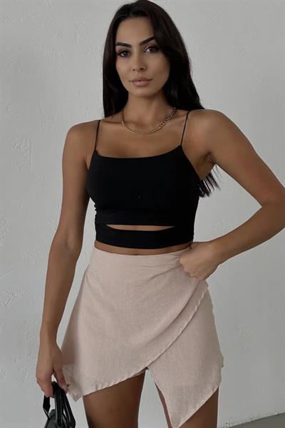 Bej Keten Drape Detaylı Yüksek Bel Slim Günlük Fermuarlı Şık Trend Yazlık Mini Şort Etek