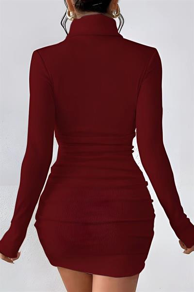 Bordo Balıkçı Yaka Drapeli Likralı Kaşkorse Mini Elbise