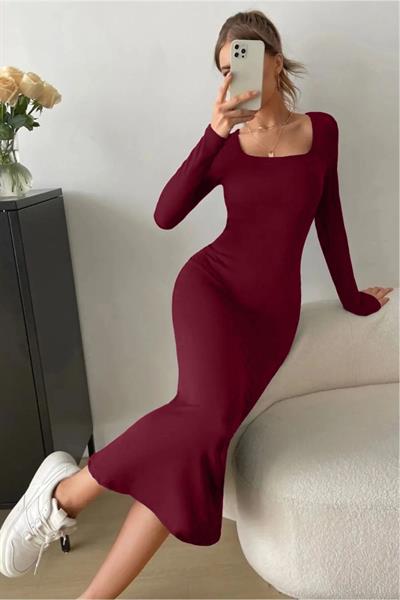 Bordo Kare Yaka Uzun Kollu Esnek Uzun Elbise