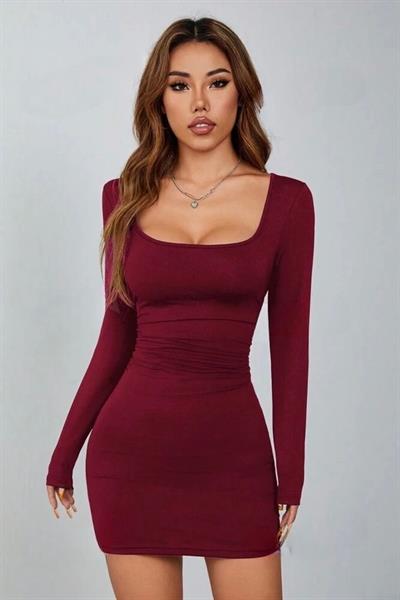 Bordo Kare Yaka Uzun Kollu Likralı Mini Elbise ( Mevsimlik Ve Kışlık )