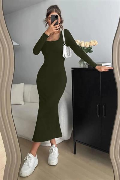 Haki  Kare Yaka Uzun Kollu Esnek Uzun Elbise
