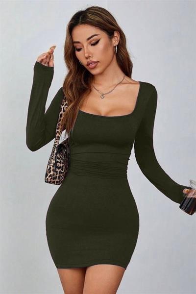 Haki Kare Yaka Uzun Kollu Likralı Mini Elbise ( Mevsimlik Ve Kışlık )