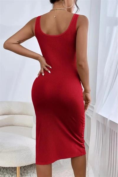 Kadın Kırmızı Askılı Kare Yaka Yırtmaçlı Kaşkorse Günlük Esnek Likralı Şık Trend Pinterest Midi Elbise
