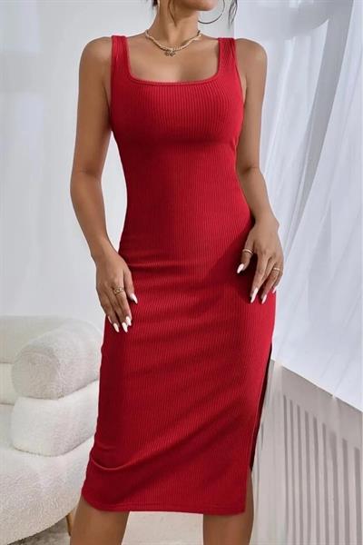 Kadın Kırmızı Askılı Kare Yaka Yırtmaçlı Kaşkorse Günlük Esnek Likralı Şık Trend Pinterest Midi Elbise