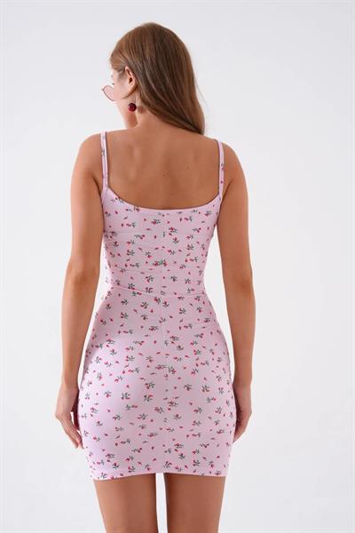 Kadın Pembe Çiçekli İp Askılı Mini Elbise
