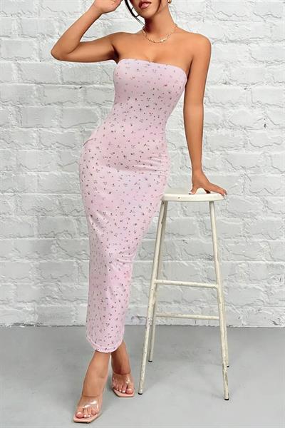 Kadın Pembe Straplez Desenli Baskılı Likralı Şık Trend Günlük Yazlık Pinterest Uzun Elbise