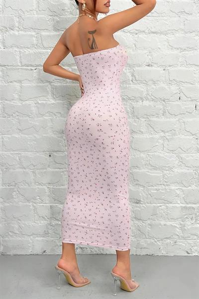 Kadın Pembe Straplez Desenli Baskılı Likralı Şık Trend Günlük Yazlık Pinterest Uzun Elbise