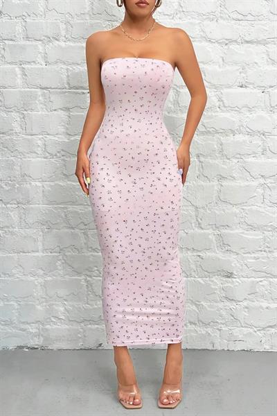 Kadın Pembe Straplez Desenli Baskılı Likralı Şık Trend Günlük Yazlık Pinterest Uzun Elbise