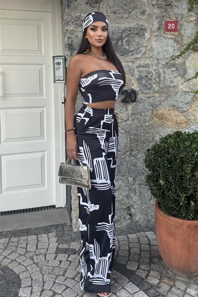 Kadın Rahat Salaş Şalvar Pantolon, Esnek Crop ve Bandana Üçlü Takım - Yazlık Sokak Modası Kombini