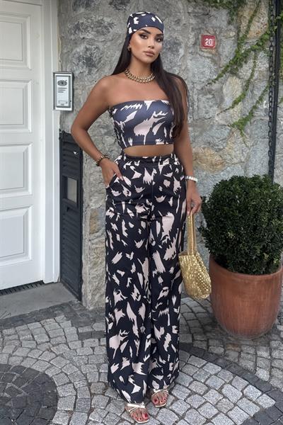 Kadın Rahat Salaş Şalvar Pantolon, Esnek Crop ve Bandana Üçlü Takım - Yazlık Sokak Modası Kombini