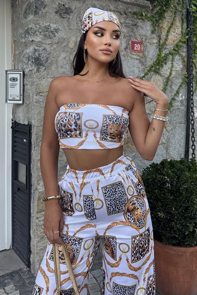 Kadın Rahat Salaş Şalvar Pantolon, Esnek Crop ve Bandana Üçlü Takım - Yazlık Sokak Modası Kombini