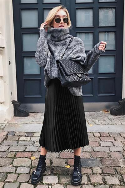 Kadın Siyah Pileli Etek Kombini – Günlük ve Şık Stil | Sonbahar/Kış Moda