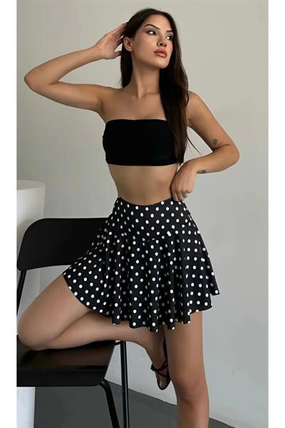 Kadın Siyah Puantiyeli Çizgi Yüksek Bel Şort Etek – Şık ve Rahat Etek Modeli