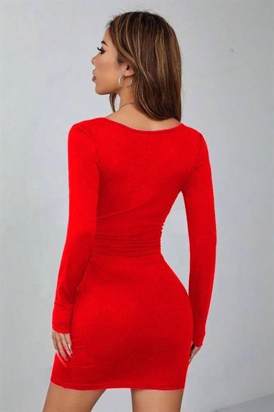 Kırmızı Kare Yaka Uzun Kollu Likralı Mini Elbise ( Mevsimlik Ve Kışlık )
