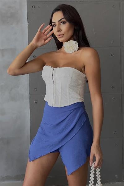 Mavi Keten Drape Detaylı Yüksek Bel Slim Günlük Fermuarlı Şık Trend Yazlık Mini Şort Etek