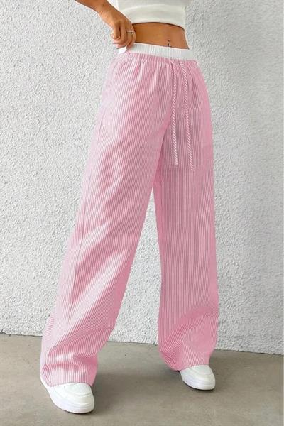 Pembe Beyaz Çizgili Yüksek Bel Rahat Kesim Pantolon