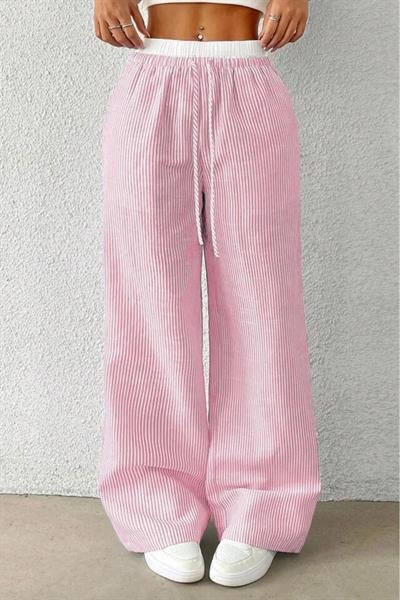 Pembe Beyaz Çizgili Yüksek Bel Rahat Kesim Pantolon
