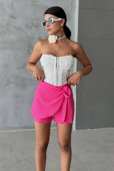Pembe Keten Bağlama Detaylı Yüksek Bel Slim Günlük Fermuarlı Şık Trend Yazlık Mini Şort Etek
