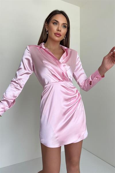 Pembe Saten Vatkalı Gömlek Elbise