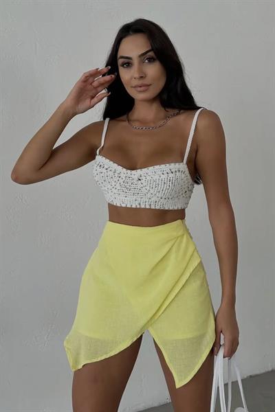 Sarı Keten Drape Detaylı Yüksek Bel Slim Günlük Fermuarlı Şık Trend Yazlık Mini Şort Etek