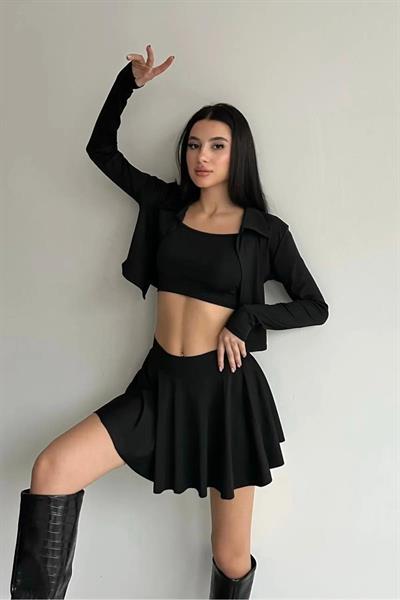 Siyah Askılı Crop,Hırka Ve Şortlu Etek Üçlü Takım