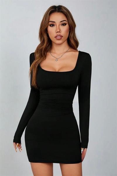 Siyah Kare Yaka Uzun Kollu Likralı Mini Elbise ( Mevsimlik Ve Kışlık )