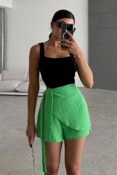 Yeşil Keten Bağlama Detaylı Yüksek Bel Slim Günlük Fermuarlı Şık Trend Yazlık Mini Şort Etek