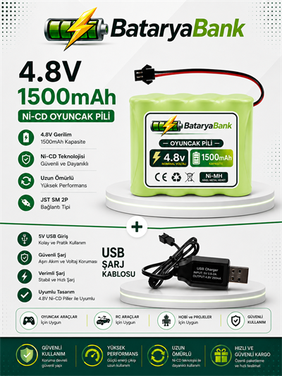 4.8V 1500mAh Oyuncak Araba Pili Bataryası + USB Şarj Cihazı Siyah Soketli Ni-MH Şarjlı Batarya Seti