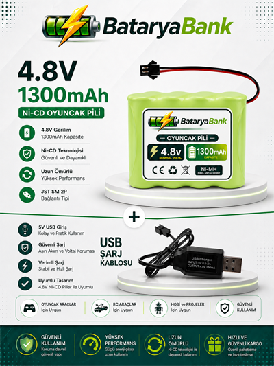 4.8V 1300mAh Oyuncak Araba Pili Siyah Soket + USB Şarj Cihazı | RC Araç Batarya Seti