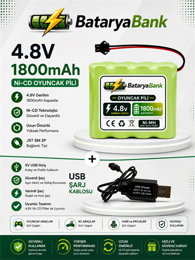 4.8V 1800mAh Oyuncak Araba Pili Bataryası Siyah Soket + USB Şarj Cihazı Seti