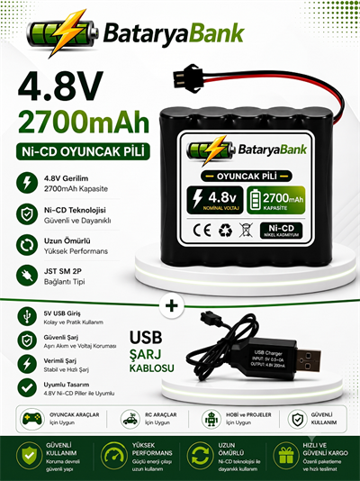 4.8V 2700mAh Oyuncak Pili Siyah Soket + USB Şarj Cihazı 