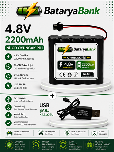 4.8V 2200mAh Oyuncak Pili Siyah Soket + USB Şarj Cihazı | Şarjlı Oyuncak Bataryası