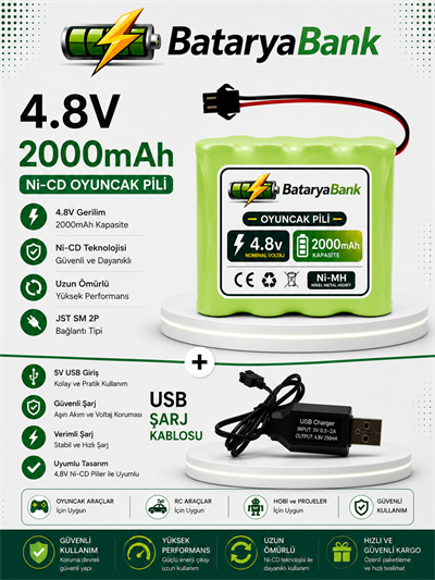 4.8V 2000mAh Oyuncak Araba Pili Siyah Soket | USB Şarj Cihazlı Yedek Batarya