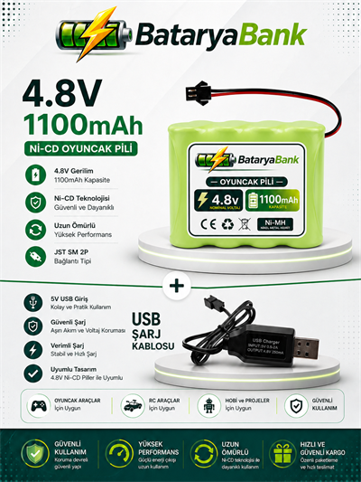 4.8V 1100mAh Oyuncak Araba Pili Siyah Soket + USB 4.8V Şarj Cihazı 250mAh Seti