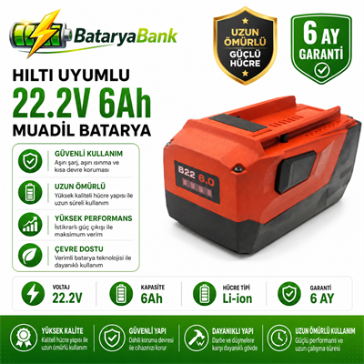BataryaBank Hilti B22 Uyumlu 22.2V 6Ah Li-ion Muadil Matkap Bataryası