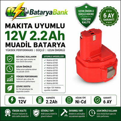BataryaBank Makita 12V 2.2Ah 2200mAh Ni-Cd Muadil Matkap Bataryası