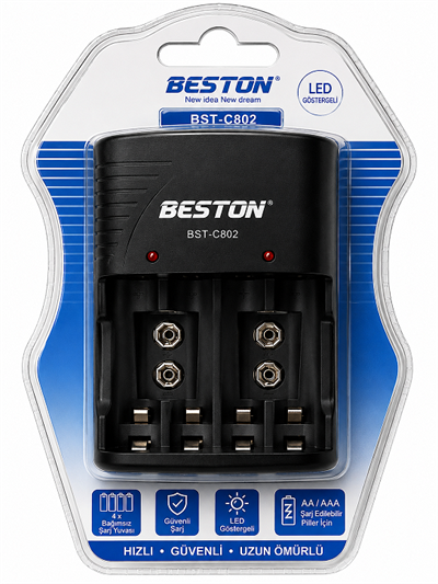 Beston BST-C802 9V / AA / AAA Pil Şarj Aleti | Ni-MH ve Ni-CD Uyumlu