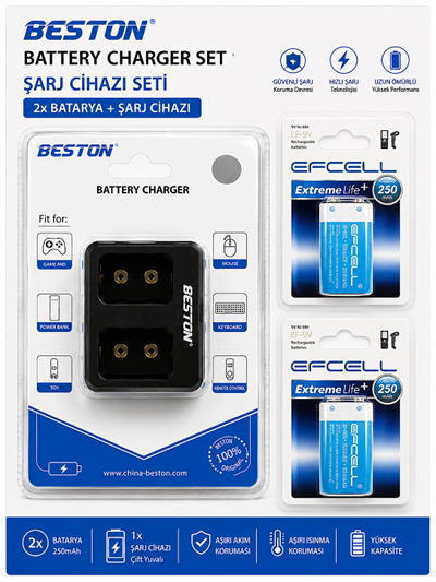 Beston M-7005 2'li USB 9V Pil Şarj Aleti + EFCELL 9V 250mAh 2'li Şarjlı Pil Seti