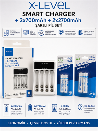 X-Level CH1-201AL LCD Akıllı Pil Şarj Cihazı + 2x Efcell AA 2700mAh + 2x Efcell AAA 700mAh Şarj Edilebilir Pil Seti
