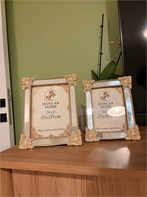 2li Kare Dekoratif Aynalı Fotoğraf Çerçevesi Seti – Vizon & Altın Varaklı (13x18 cm & 15x20 cm)