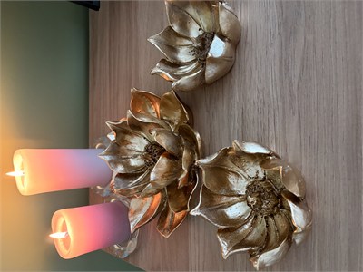 3lü Dekoratif Lotus Çiçeği Kase / Şamdan & Mumluk Seti – Parlak Altın Yaldız Eskitme   
