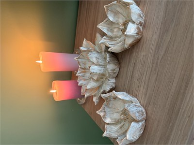 3lü Dekoratif Lotus Çiçeği Kase / Şamdan & Mumluk Seti – Krem & Altın Yaldız Eskitme   