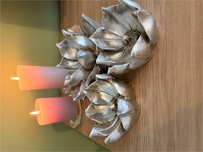 3lü Dekoratif Lotus Çiçeği Kase / Şamdan & Mumluk Seti – Gümüş / Şampanya Eskitme   