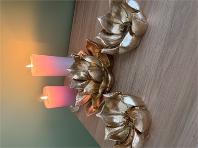3lü Dekoratif Lotus Çiçeği Kase / Şamdan & Mumluk Seti – Parlak Altın Yaldız Eskitme   