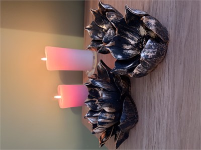 3lü Dekoratif Lotus Çiçeği Kase / Şamdan & Mumluk Seti – Siyah & Altın Yaldız Eskitme   